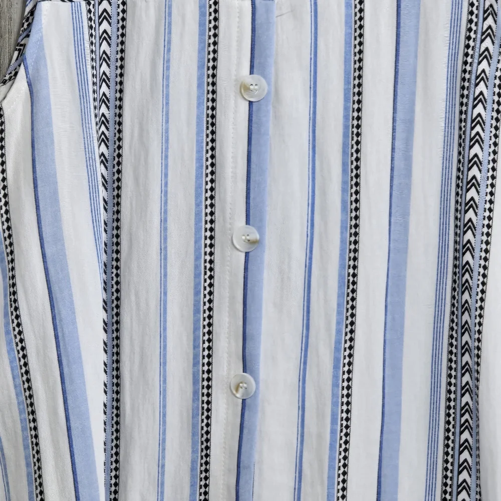 MINE Anthro Blue White Black Striped Sleeveless V Neck Button Back Shirt Small